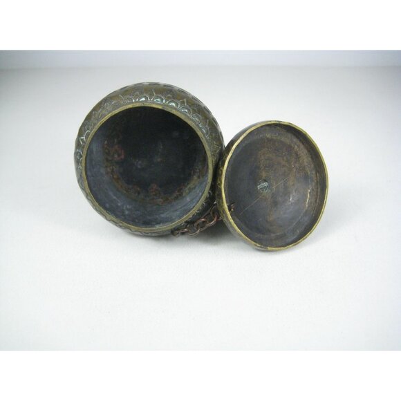 Vintage Brass Ornate Hinged Lidded Container Fan Handle Geometric Pattern - Picture 7 of 10